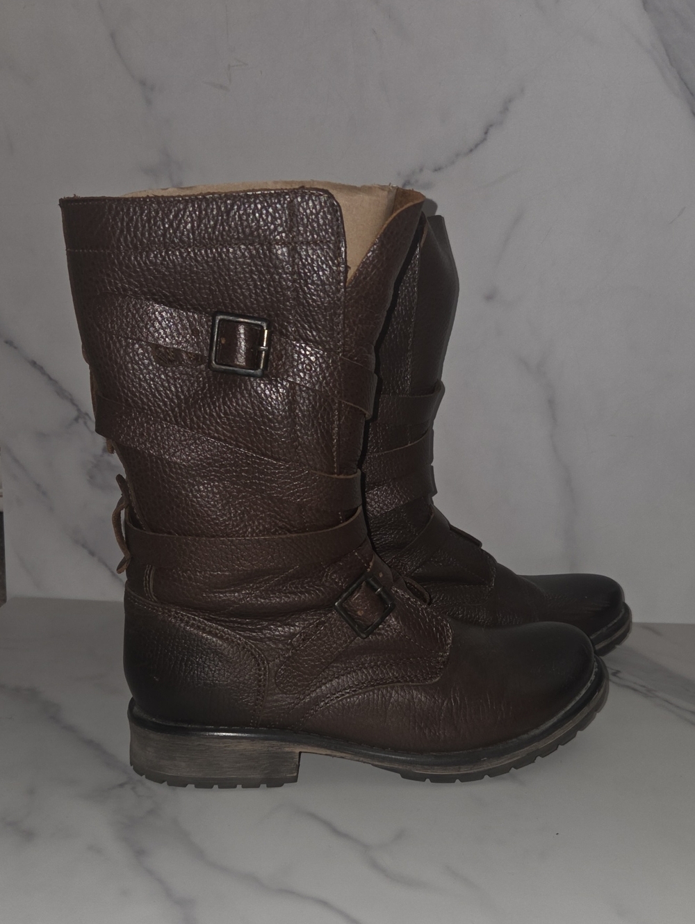 Steve Madden Dark Brown Lace-Up Mid-Calf Buckle Boots